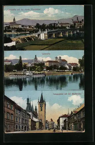 AK Leitmeritz, Langegasse mit Stadtkirche, Panorama mit neuer Elbebrücke