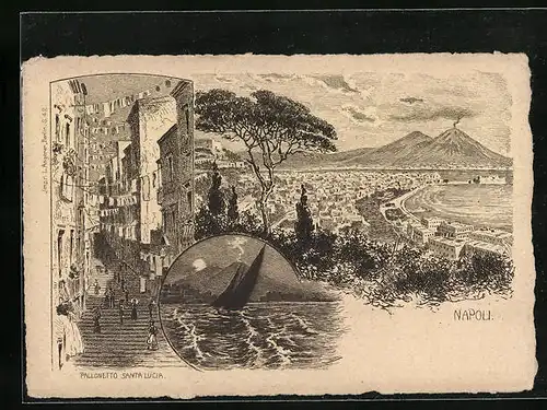 Künstler-AK Napoli, Pallonetto Santa Lucia, Panorama mit Vesuv