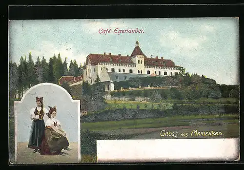 AK Marienbad, Café Egerländer, Frauen in Tracht