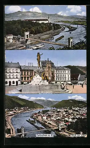 AK Tetschen a. E., Marktbrunnen und Blick ins Elbtal