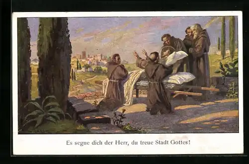 Künstler-AK Der sterbende Franziskus segnet Assisi