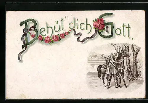 Lithographie Behüt Dich Gott! Trompeter von Säckingen mit Ross