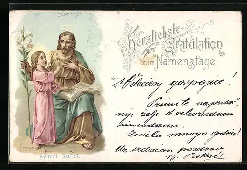 Lithographie Gratulation zum Namenstage mit Schutzpatron Sankt Josef