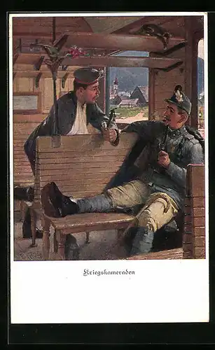 Künstler-AK Kriegskameraden unterhalten sich in einem Zugabteil