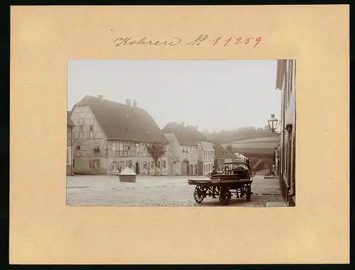 Fotografie Brück & Sohn Meissen, Ansicht Kohren, Marktplatz mit Bäckerei Emil Meisse, Pferkarren