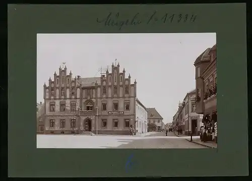 Fotografie Brück & Sohn Meissen, Ansicht Mügeln Bez. Leipzig, Marktplatz mit Ratskeller, Zahnarzt Martin Striegler