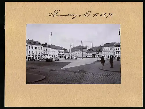 Fotografie Brück & Sohn Meissen, Ansicht Rumburg / Böhmen, Marktplatz mit Hotelo Hirsch & Fahrrad-Handlung