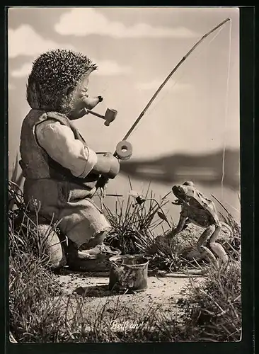 AK Mecki, zufrieden mit Pfeife und Angel am See, Frosch