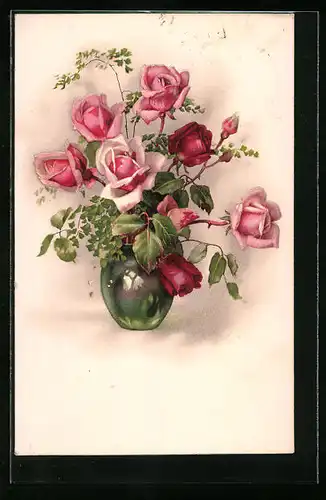 AK Rosa und Rote Rosen nebst Knospen in einer bauchigen Vase