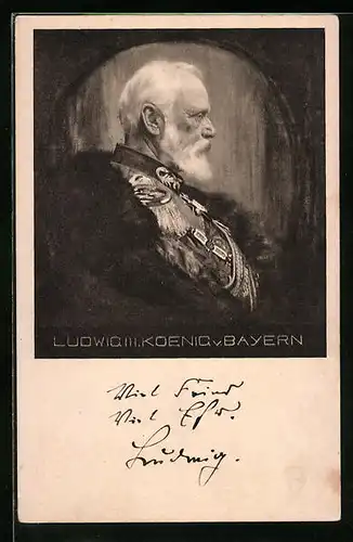Künstler-AK König Ludwig III. in seitlichem Portrait in Uniform und Pelz