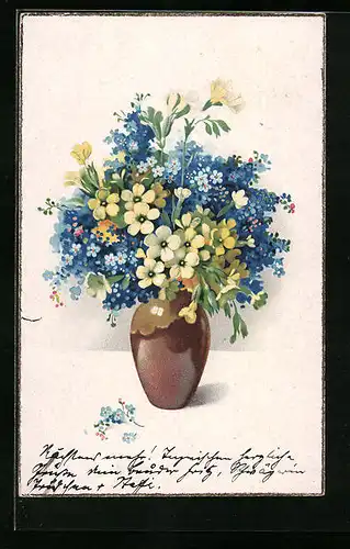 AK Vase mit gelben und blauen Blumen