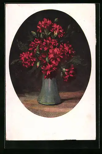 AK Vase mit rot leuchtenden vollen Blüten