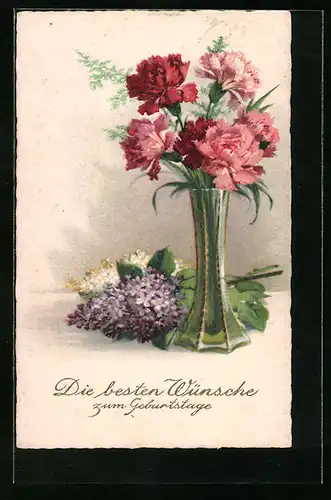 AK Rote Nelken in der Vase, Fliederblüten