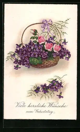 AK Blumenkorb mit Veilchen zum Geburtstag