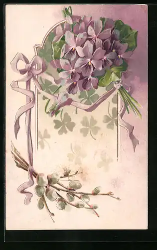 AK Veilchen mit lila Schleifen
