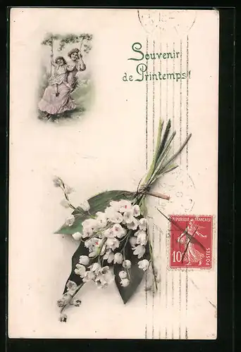 AK Mutter mit Kind auf einer Schaukel und Maiglöckchen