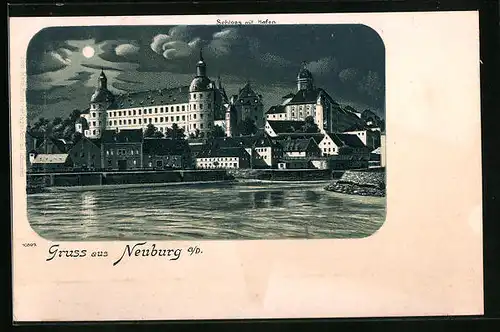 Mondschein-Lithographie Neuburg a. D., Schloss mit Hafen bei Nacht