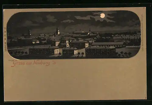 Mondschein-Lithographie Neuburg a. D., Ortsansicht bei Nacht
