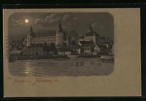 Mondschein-Lithographie Neuburg a. D., Schloss mit Hafen bei Nacht