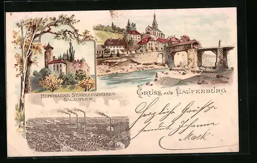 Lithographie Laufenburg, Ortsansicht mit Hoffmann`s Stärkefabriken Salzuflen