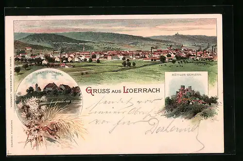 Lithographie Loerrach, Röttler-Schloss mit Obertüllingen