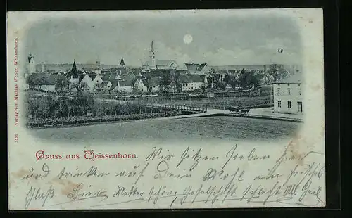 Mondschein-AK Weissenhorn, Ortsansicht mit Kirche