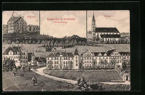 Künstler-AK Bonlanden b. Erolzheim, Ortsansicht mit Pfarrhof und Kirche