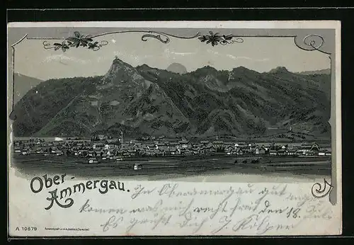 Mondschein-Lithographie Oberammergau, Gesamtansicht mit Bergpanorama