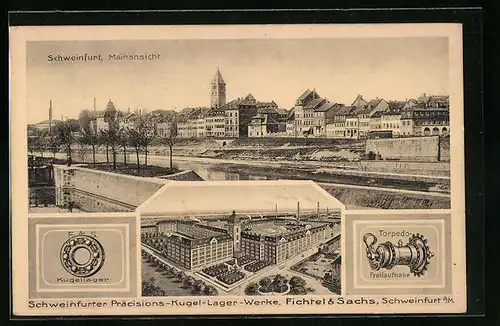 AK Schweinfurt, Mainansicht mit Präcisions-Kugel-Lager-Werke Fichtel & Sachs