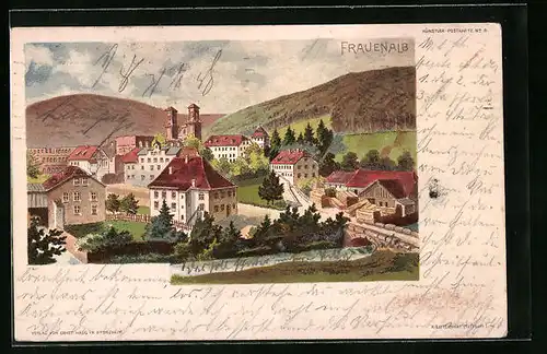 Lithographie Frauenalb, Ortsansicht mit Flusspartie