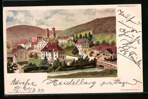 Lithographie Frauenalb, Ortsansicht mit Flusspartie
