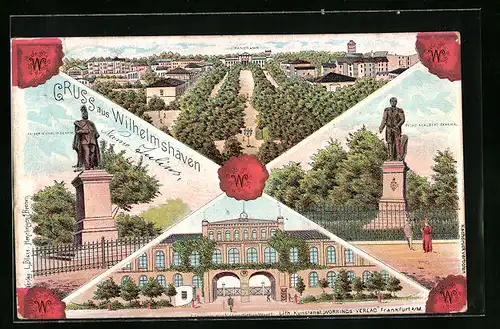 Lithographie Wilhelmshaven, Panoramaansicht mit Prinz Adalbert Denkmal