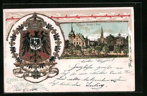 Passepartout-Lithographie Wilhelmshaven, Ortsansicht mit Rathaus, Kirche und Wappen