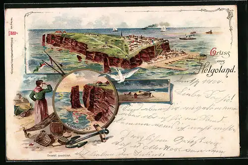 Lithographie Helgoland, Ortsansicht mit Nord-Cap