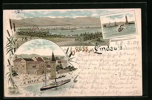 Lithographie Lindau i. B., Totalansicht mit Uferpartie