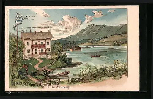 Lithographie Schlehdorf, Ortsansicht mit Restaurationsgebäude am Karptsee