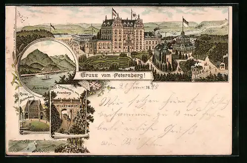 Lithographie Petersberg, Ortsansicht mit Ruine Heisterbach und Zahnradbahn