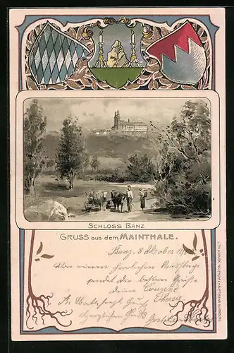 Passepartout-Lithographie Bad Staffelstein, Schloss Banz mit Wappen