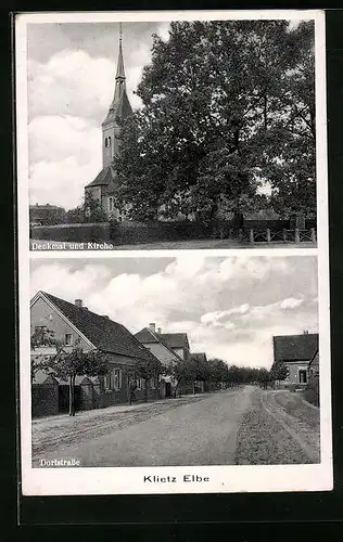 AK Klietz /Elbe, Denkmal und Kirche, Dorfstrasse