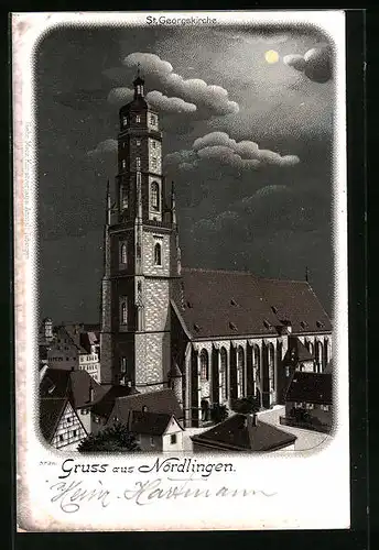 Mondschein-AK Nördlingen, St. Georgskirche in der Gesamtansicht