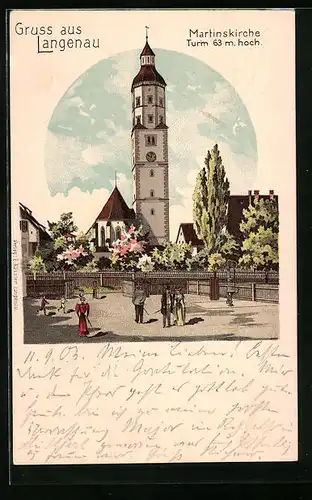 Lithographie Langenau, Martinskirche mit Strassenpartie