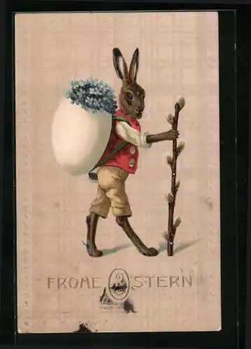 Präge-AK Osterhase mit Vergissmeinnicht im Gepäck
