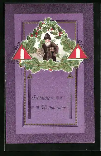Präge-AK Weihnachtsmann mit Geschenken und Tannenzweigen