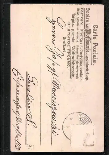 Präge-AK Neujahrsgrüsse, Zwerge auf Schlitten mit Kleeblatt