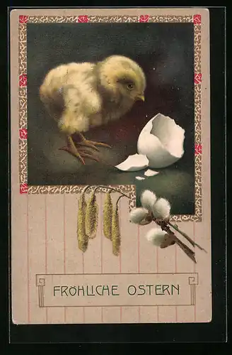 Präge-AK Osterküken mit Ei und Palmkätzchen