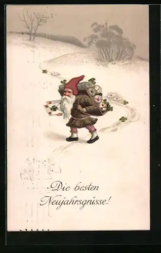Lithographie Zwerg mit Geschenken im Schnee zum Neuen Jahr