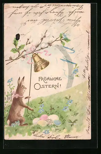Präge-AK Osterhase mit Glocke und Ostereiern