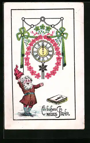 Künstler-AK Zwerg begrüsst das neue Jahr um Mitternacht