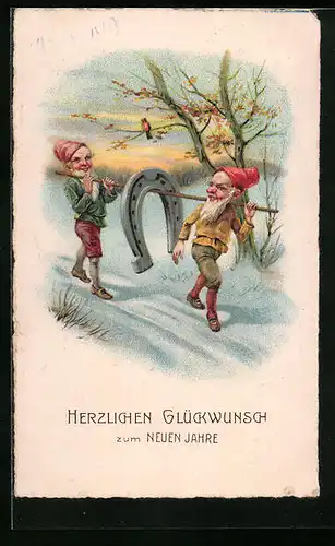 Lithographie Zwerge im Schnee mit Hufeisen