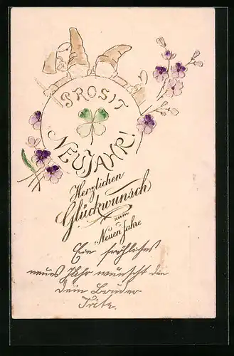 Präge-AK Zwerge mit Blumen und Kleeblatt zum neuen Jahr